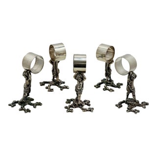 Outstanding Orig. Set of 5 Large Antique Victorian Sheffield England Silverplate Figurative Putti Napkin Rings Circa 1900 For Sale