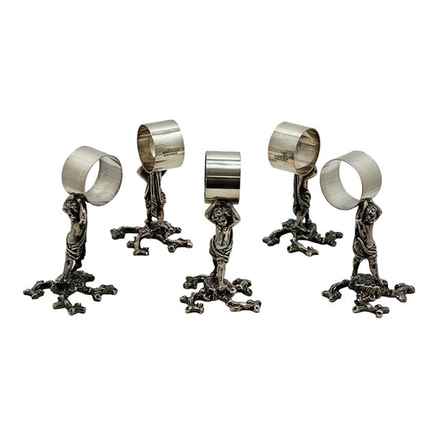 Outstanding Orig. Set of 5 Large Antique Victorian Sheffield England Silverplate Figurative Putti Napkin Rings Circa 1900 For Sale