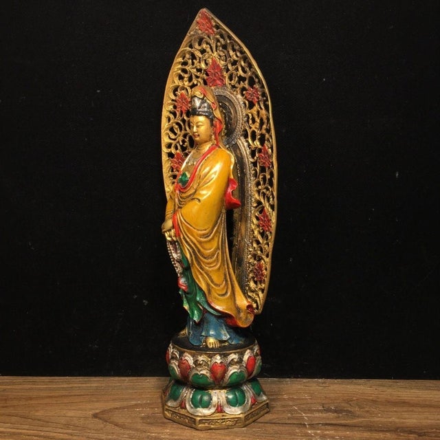 Late 19th Century Polychrome Bronze Guanyin Statue With Aureole, 940g For Sale - Image 4 of 9