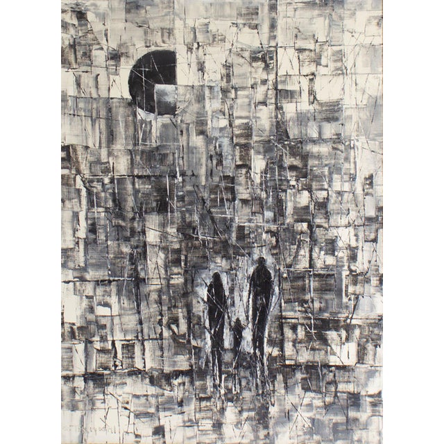 A mid-20th century oil on canvas painting by the Japanese artist S. Tokuyoshi. This abstract work is painted in black and...