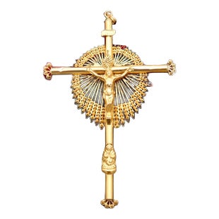 19.2k Gold Crucifix with Christ and Our Lady For Sale