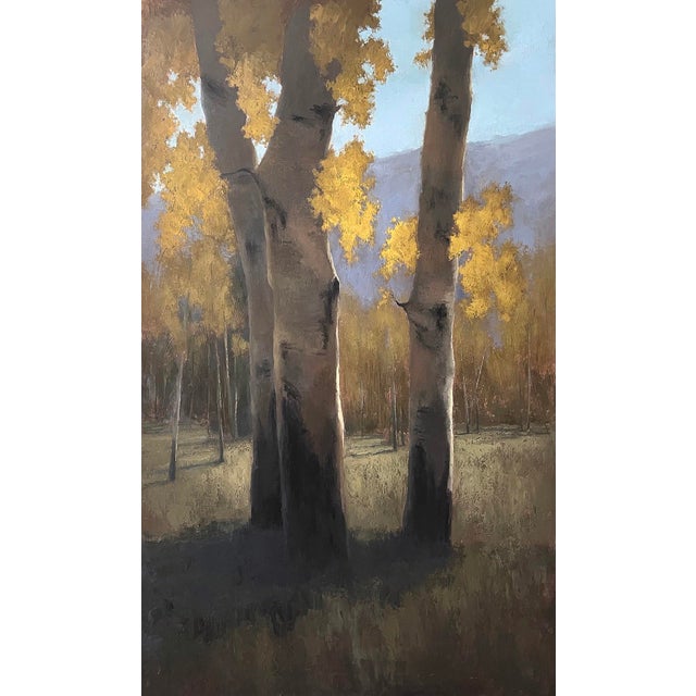 Golden Aspens by Jane Hunt | Oil on panel Painting of aspen trees with golden leaves For Sale