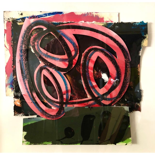 This is a mixed media collage with an almost sculpture quality to it. it is hand signed. size includes frame. Hugh...