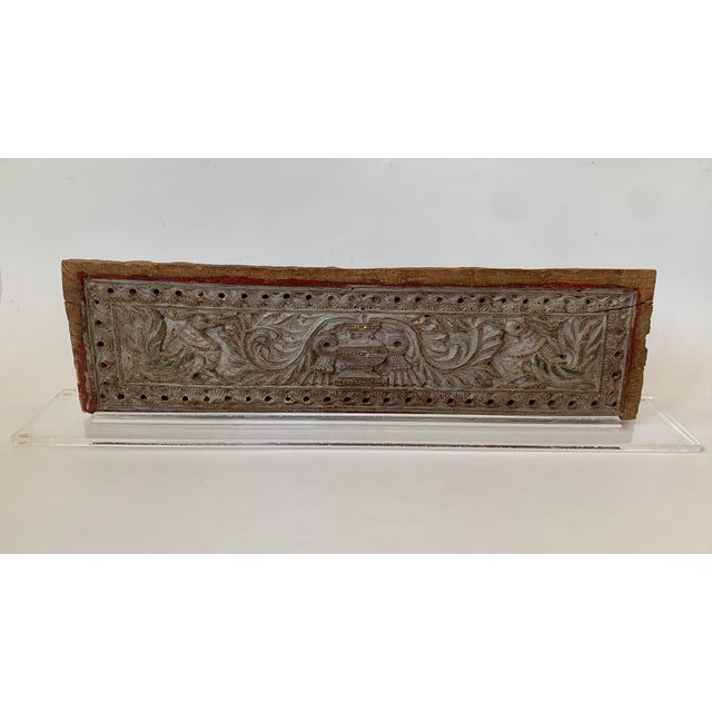 Antique Early 20th Century Peacock Carved Wood Panel Bird Panel on Custom Lucite Base For Sale - Image 9 of 9