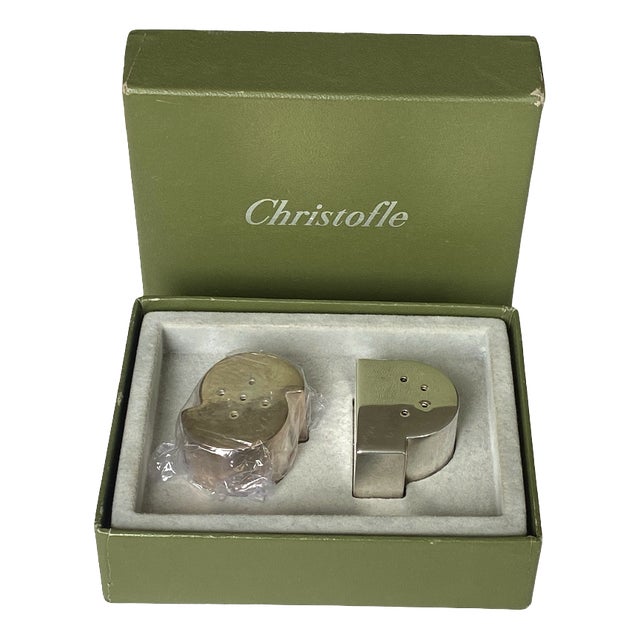 Salt and Pepper Shakers with Ludique Pattern in Silver-Plated Metal Case from Christofle, Paris, France, 1990s, Set of 2 For Sale