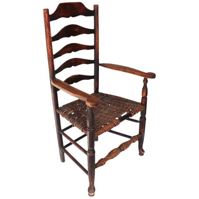 Wood English Georgian Oak Woven Seat Ladderback Armchair For Sale - Image 7 of 7
