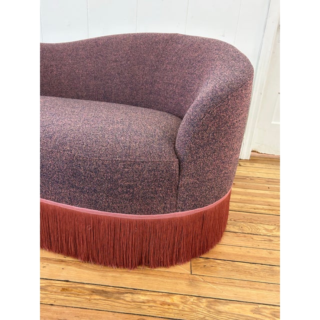 Textile Curved Sofa Custom Upholstered in Maharam Gale Fabric Color Diorite See Photos & Trimmed in Pink Fringe For Sale - Image 7 of 8