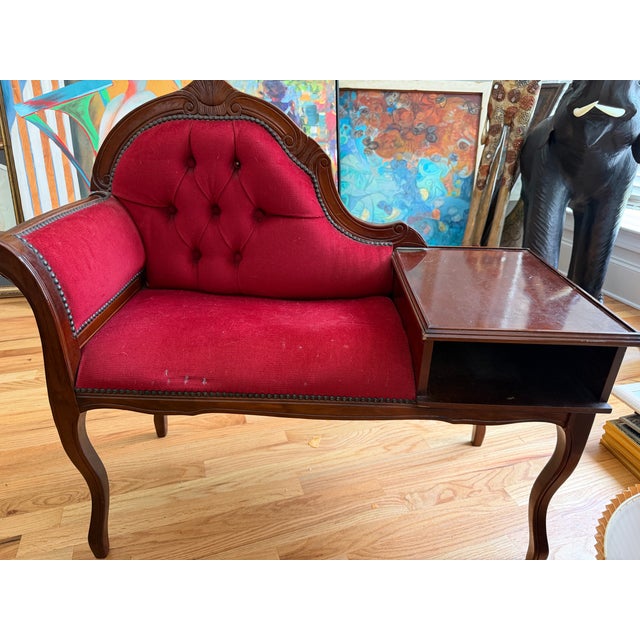 Mid-Century Modern Vintage Mid-Century Louis XV Style Telephone Gossip Bench in Red Upholstery For Sale - Image 3 of 8