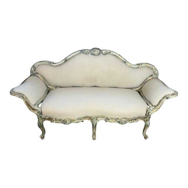 French Louis XV Corbeille Settee With Original Distressed Patina and Shell Crest For Sale