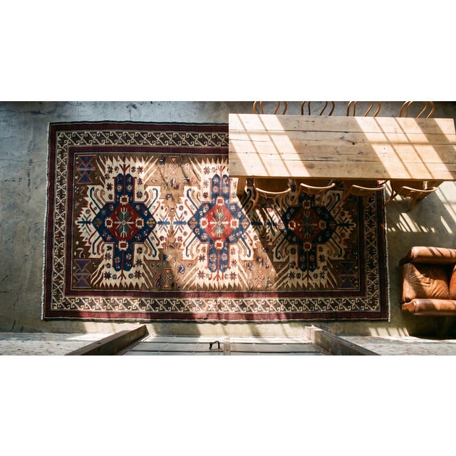 Textile 1880s Multibrown Medallion Antique Caucasian Zeychor Rug 3'7" X 5'6" Handknotted Wool Carpet For Sale - Image 7 of 8