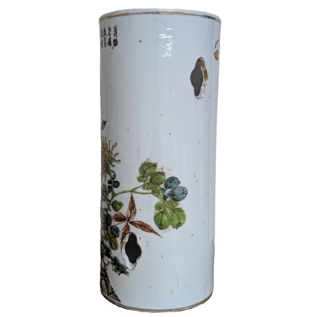 Chinese Antique Chinese Qianjiang Cai Floral and Bird Hatstand Porcelain Vase With Mark For Sale - Image 3 of 9