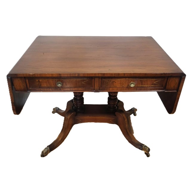 English 19th C English Regency Carved Brass Inlaid Rosewood Drop Leaf Sofa Table Desk For Sale - Image 3 of 18