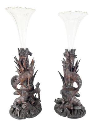 Pair of German Carved Black Forest Walnut Vases