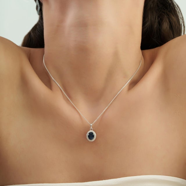 Late 20th Century Royal 2.43 Ct Oval Blue Sapphire & Diamond Halo Pendant by Carat&Her For Sale - Image 6 of 13