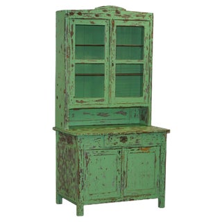 Victorian Hand-Painted Distressed Green Dresser Bookcase or Kitchen Cupboard For Sale