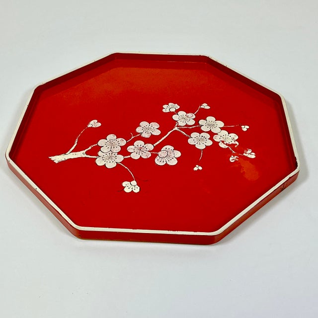Mid-Century Boho Chic Octagonal Shaped Plastic Serving Tray With Cherry Blossom Design For Sale - Image 12 of 14