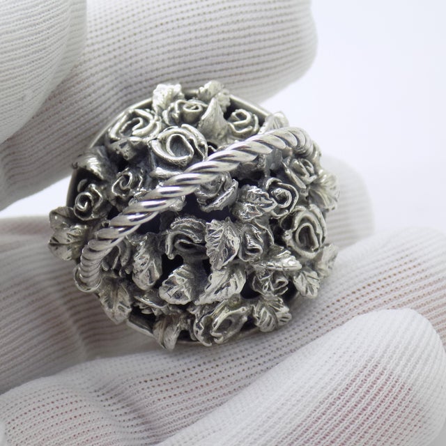 Silver Vintage Italian Handmade Genuine Sterling Silver 925 Basket of Roses Figurine, Dollhouse Miniature by Raspini For Sale - Image 8 of 11