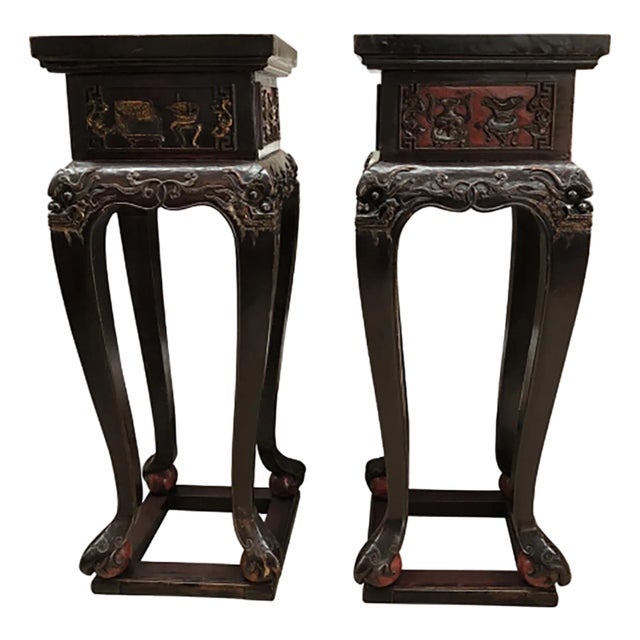 Pair of Mid 20th Century Chinese Carved Wood Pedestals With Lacquer Detailing For Sale