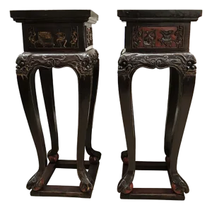Pair of Mid 20th Century Chinese Carved Wood Pedestals With Lacquer Detailing