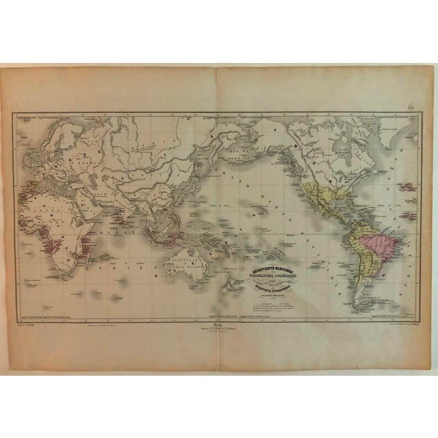 This excellent world map shows maritime discoveries and colonial possessions of Spain and Potugal from the 16th through...
