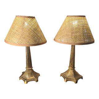 Gilded Spelter Bedside Lamps with Fluted Lampshades, 1960s, Set of 2 For Sale