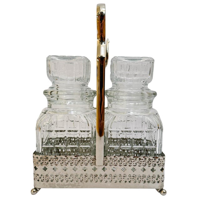 Antique English Silver Plated & Cut Glass Pickle Jars Pair in Original Caddy With Fork For Sale - Image 4 of 11