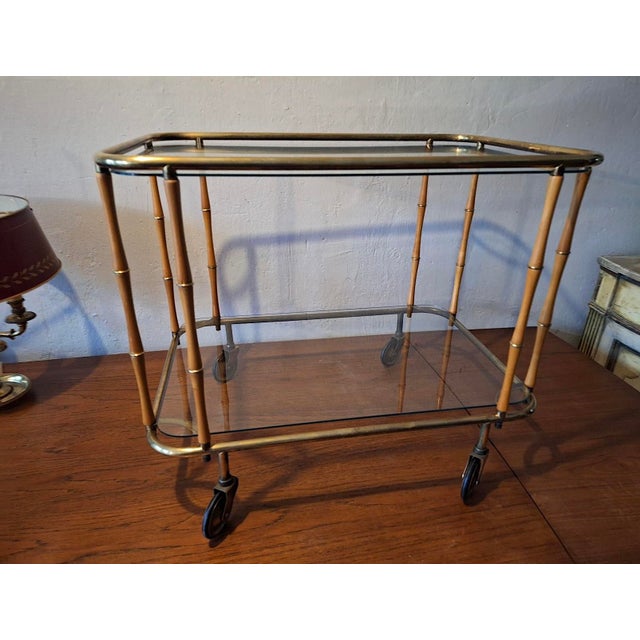 Mid-Century Modern Faux Bamboo Cocktail Trolley Bar Cart attributed to Maison Jansen, France, 1960s For Sale - Image 3 of 10