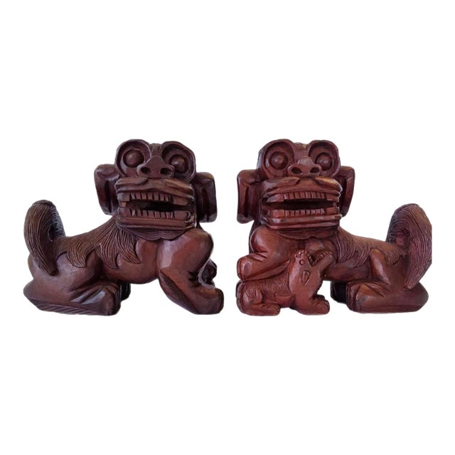 Vintage Chinese Foo Dog Asian Art Statue Decor Wooden Hand Carved Large - a Pair For Sale