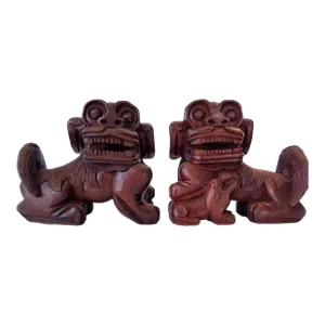 Vintage Chinese Foo Dog Asian Art Statue Decor Wooden Hand Carved Large - a Pair