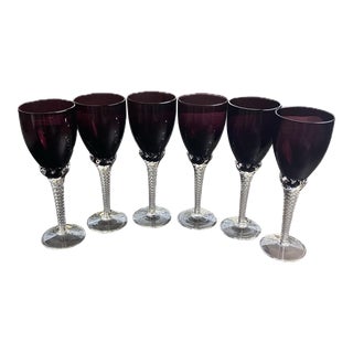 Mid 20th Century Murano Attributed Purple Eggplant Color Bowl Wine Glasss With Clear Twisted Stems- Set of 6 For Sale