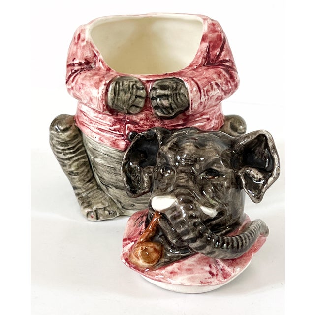 Late 19th Century Antique 19th Century Majolica Elephant Humidor With Pink Coat Smoking a Pipe C1880s For Sale - Image 5 of 10