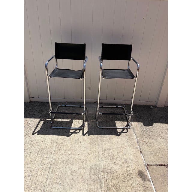 Chrome Pair of Vintage Chrome and Black Sling Bar Stools, Bauhaus Style For Sale - Image 8 of 8