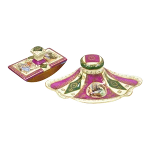 Antique Old Vienna Paris Porcelain Inkwell and Ink Blotter Desk Set - 2 Pieces