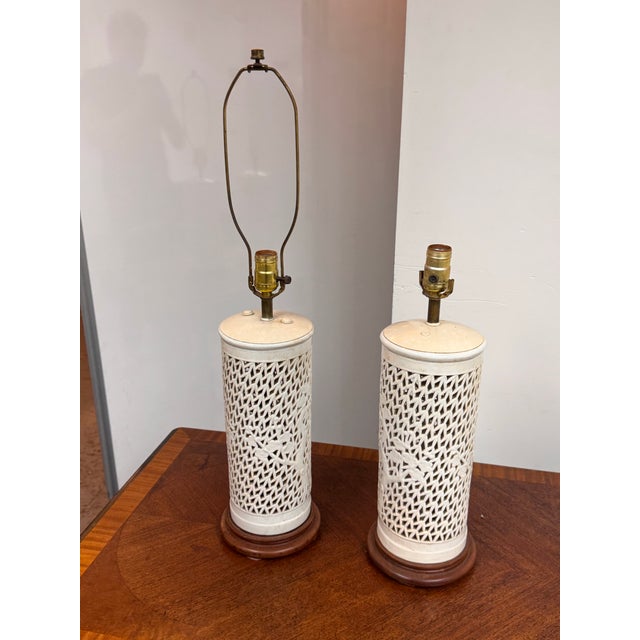 Ceramic Chinoiserie Style Pierced Ceramic Table Lamps, Pair For Sale - Image 7 of 12