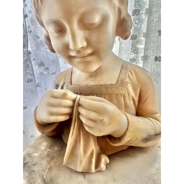 Late 19th Century 19th Century Italian Alabaster Bust of “The Sewing Girl” on Marble Pedestal, Neoclassical Sculpture For Sale - Image 5 of 12