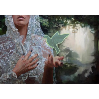 Inner Peace by Shana Levenson | Oil on aluminum panel Woman in lace holding a green bird. For Sale