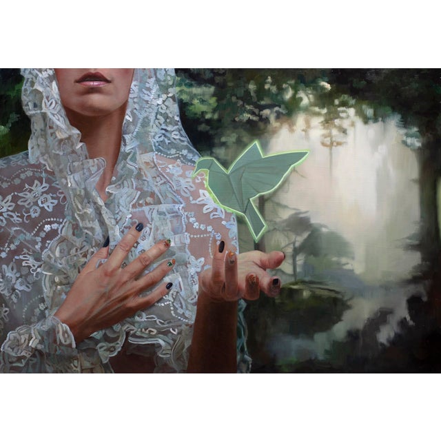 Inner Peace by Shana Levenson | Oil on aluminum panel Woman in lace holding a green bird. For Sale