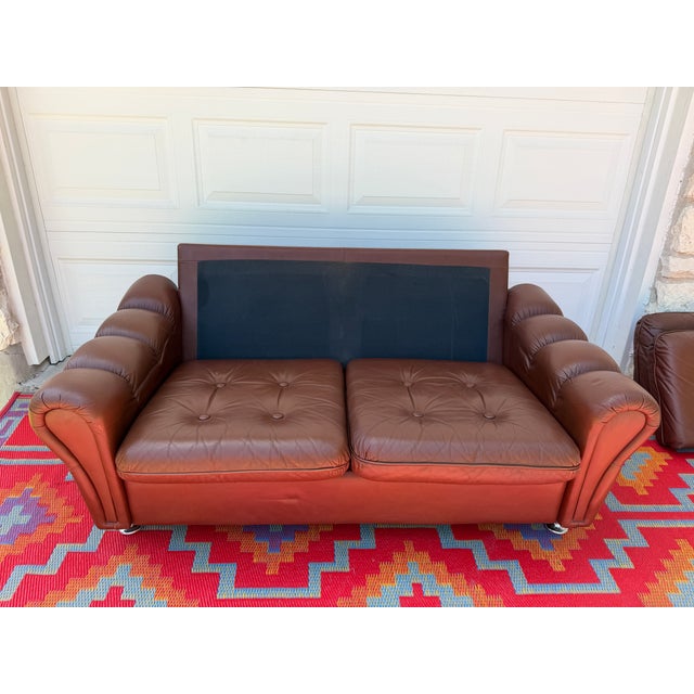 1970s Vintage Danish Brown Leather Tufted Sofa / 2 Seater Lounge / Loveseat For Sale - Image 5 of 8
