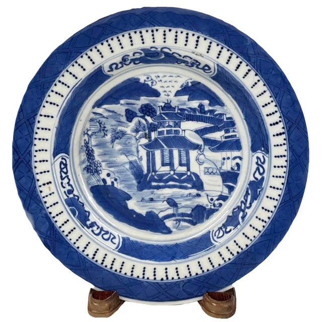 Antique 19th Century Chinese Canton Blue & White Export Porcelain 8.5" Scenic Bowl & Stand For Sale - Image 11 of 12