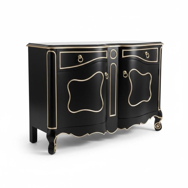 Late 20th-C. Modern French Louis XV Style Cabinet Black & Silver Gilt, Pair Available For Sale - Image 9 of 13