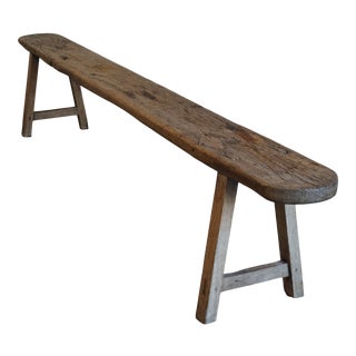 1950s French Antique Primitive Rustic Oak Trestle Bench For Sale