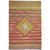 A colorful Turkish Kilim flat-weave rug. Large-scale lime green medallion with accents in orange, pink, gray on a burnt...