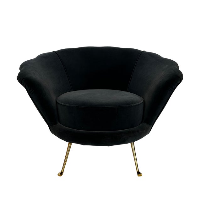 Mid-Century Modern Pair of 1960s Scalloped Velvet and Brass Lounge Chairs For Sale - Image 3 of 7