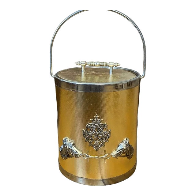 Vintage Hankyu Mid Century Gold Ice Bucket With 2 Horse Heads For Sale