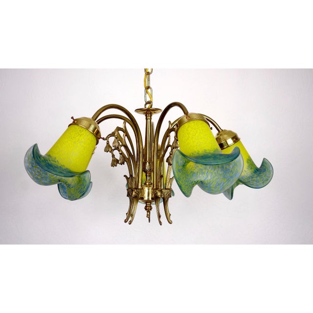 French Brass Pate De Verre Glass Five Light Chandelier, 1950s For Sale - Image 11 of 11