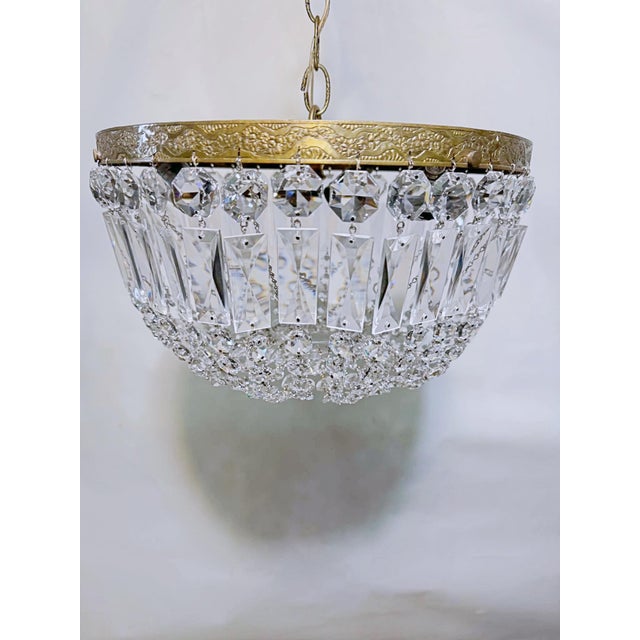 French Vintage French Style Crystal Basket Chandelier With Ornate Brass Crown For Sale - Image 3 of 12