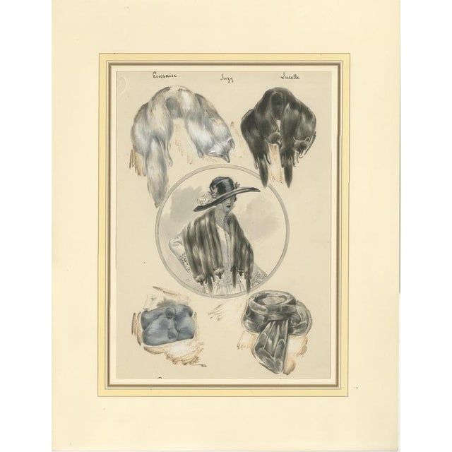 After Ferdinand-Léon Ménétrier, Fashion Design with Fur Stoles and Lady, 1910, Watercolor and Gouache on Cardboard For Sale - Image 10 of 10