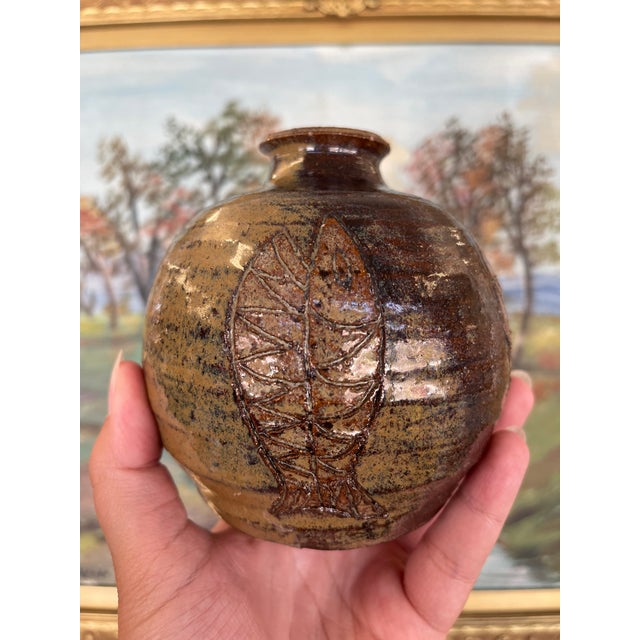 Studio Pottery Vase by Nelson With Incised Geometric Motifs and Earthy Glaze. For Sale In Seattle - Image 6 of 9