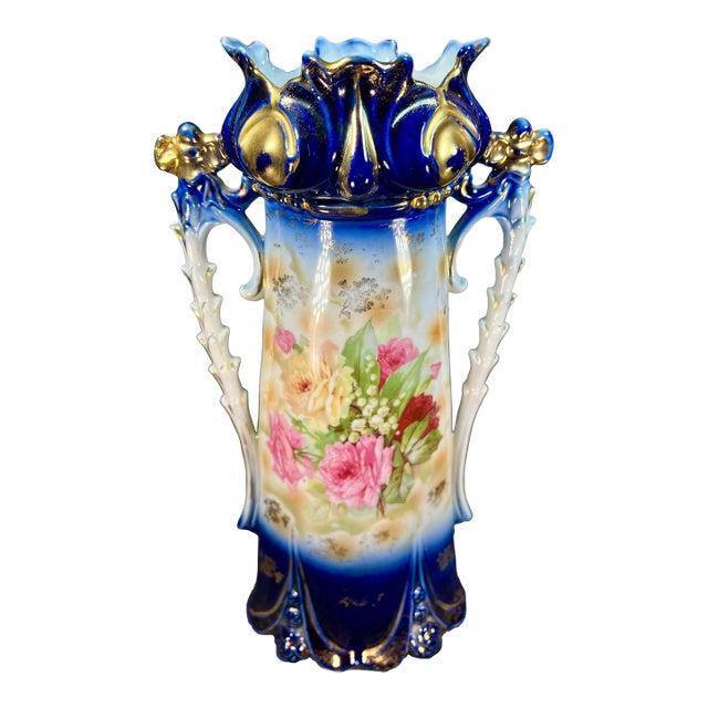 Fine Antique German Porcelain Hand Painted Handled Vase For Sale