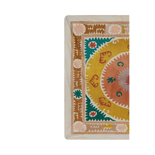Mid-Century Modern Artisan Suzani Table Cover, Vintage Uzbek Textile in Warm Tones 4'1'' X 4'5'' For Sale - Image 3 of 10